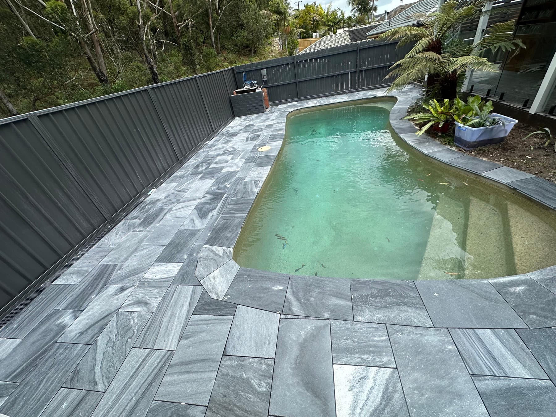 Aerial view of a freeform pool and paved surround